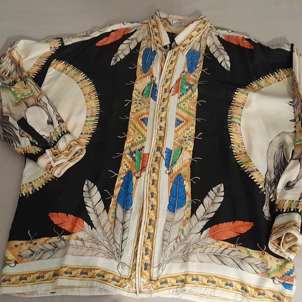 Versace Multicolor Feather and Horse Print Shirt